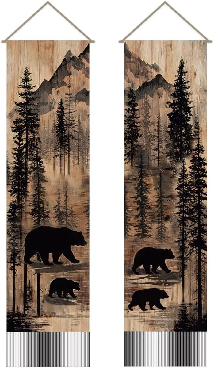 2-delige dierenbeer wandtapijt, rustiek boswilde dieren beerfamilie wandtapijten, bosnatuurlandschapdecoratie lange wandtapijt met kwastjes voor thuiskantoordecoratie, 116x33 cm