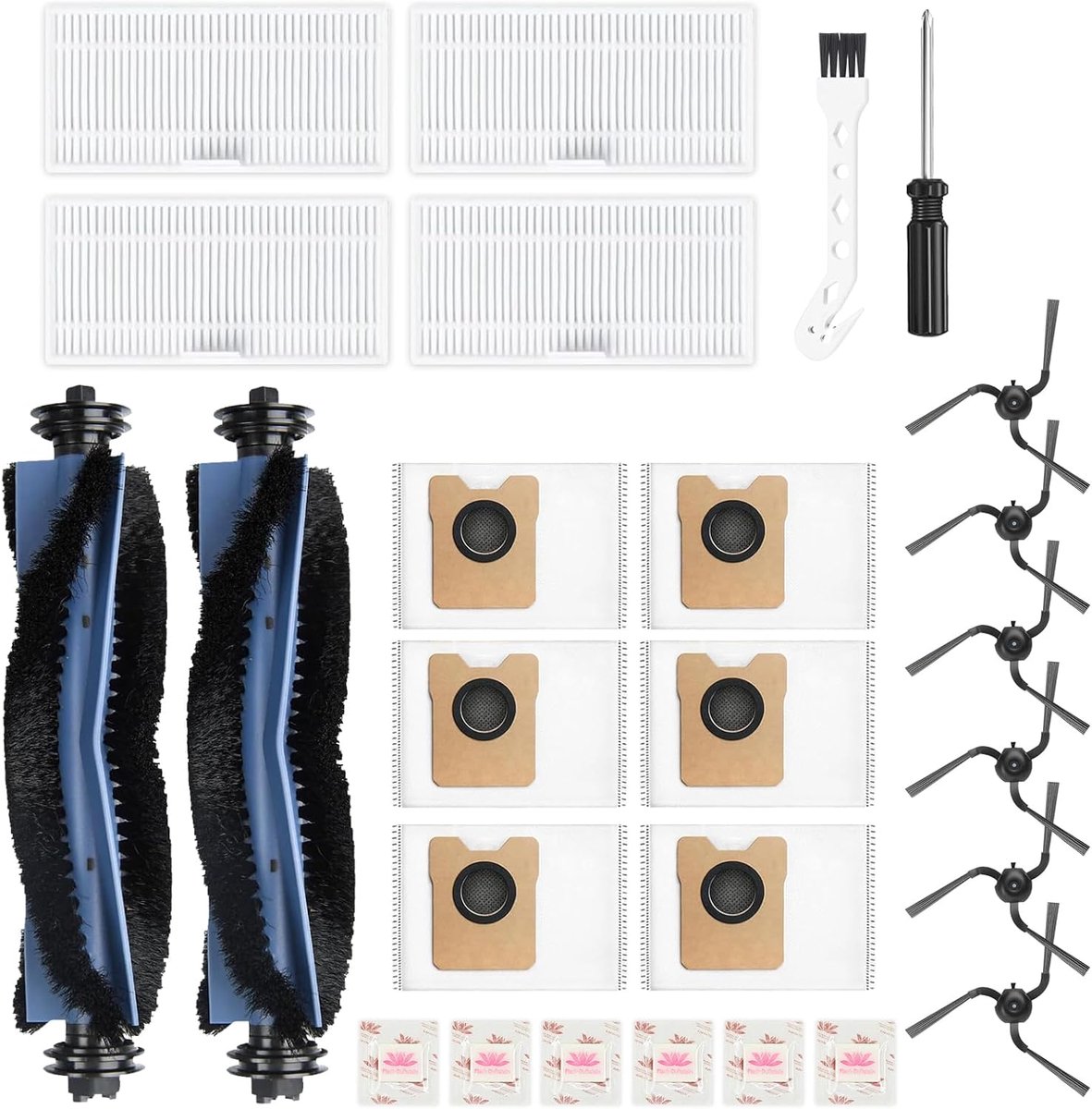 26-delig accessoireset voor Eufy C10 robotstofzuiger - Bevat: 2 hoofdborstels, 4 filters, 6 zijborstels, 6 stofzakken, 6 platte geurstenen, 1 reinigingsborstel