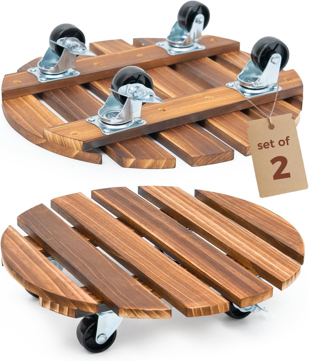 2-pack 35,6 cm houten plantenonderstel met wielen - zware plantenkar met 109 kg capaciteit, 360° vergrendelbare wielen voor grote plantenpotten, zware voorwerpen, ideaal voor binnen- en