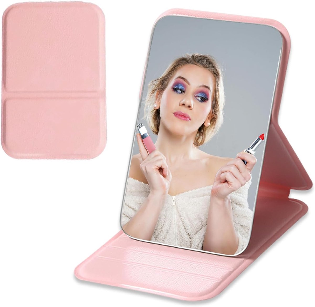 Zakspiegel zakspiegel draagbare spiegel met PU-lederen tas, gemakkelijk mee te nemen, roze