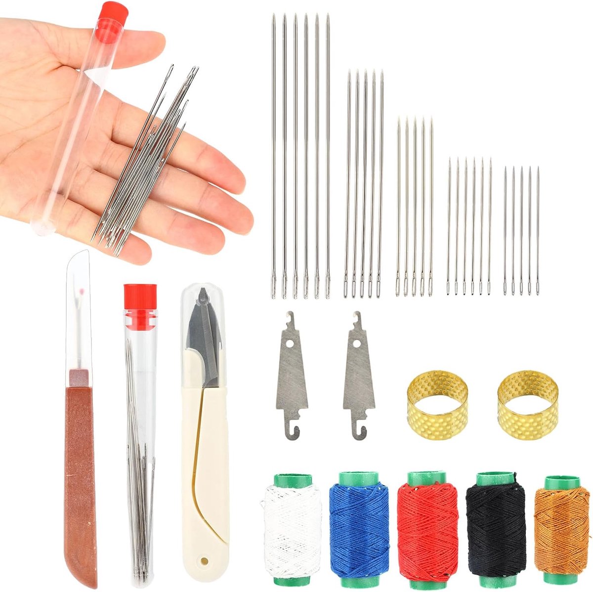 37st Big Eye Stalen Naaldenset, Draagbaar Handnaainaalden met Kleine Schaar 5 Draden 2 Naaldinrijgers 2 Vingerhoedjes en Draadscheurder voor Beginners en Hobbyliefhebbers