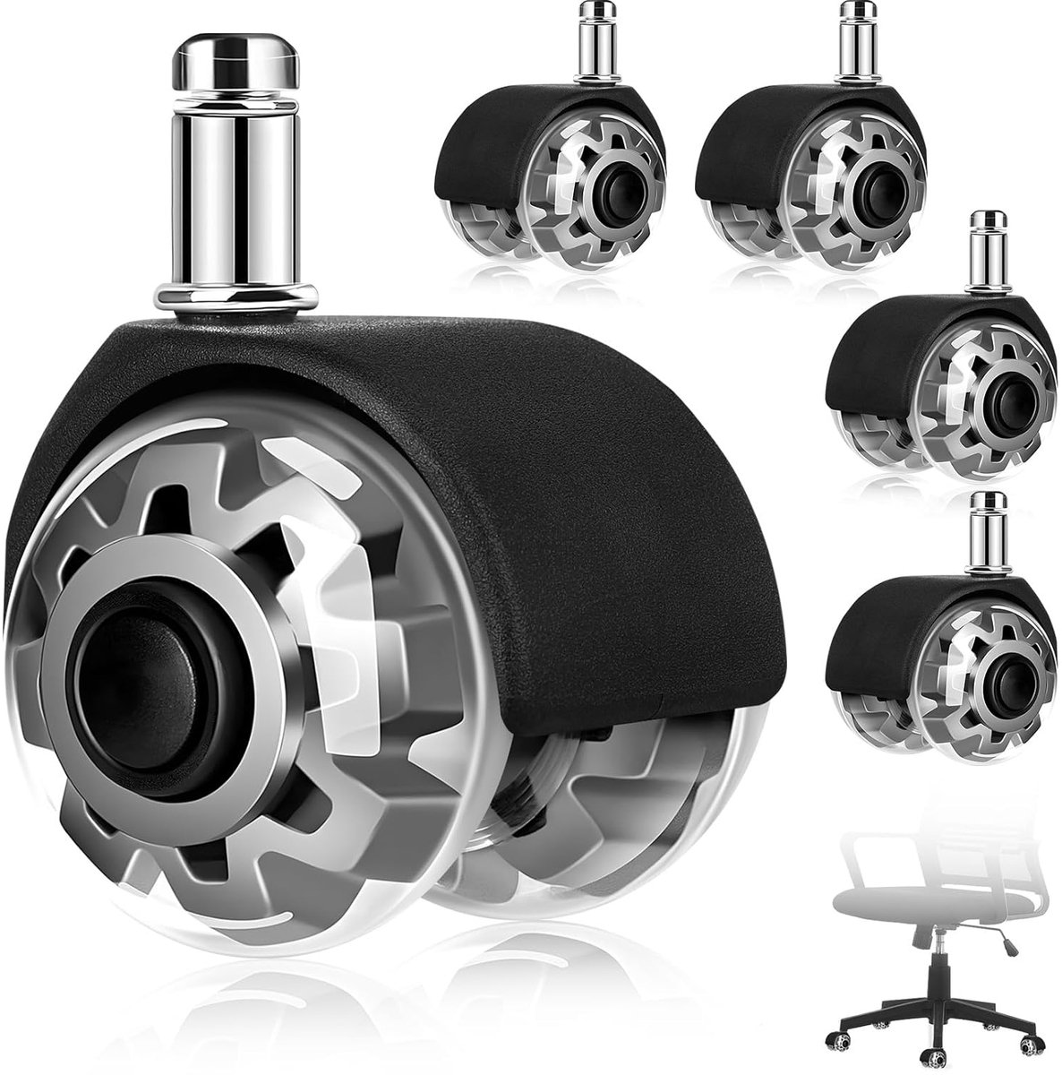 Set van 5 bureaustoelwielen, 11 x 22 mm, reservewielen voor bureaustoelen en gamingstoelen, 360 graden rotatie, zonder krassen, bureaustoelwielen, voor tegels, laminaat, tapijt, parket en harde