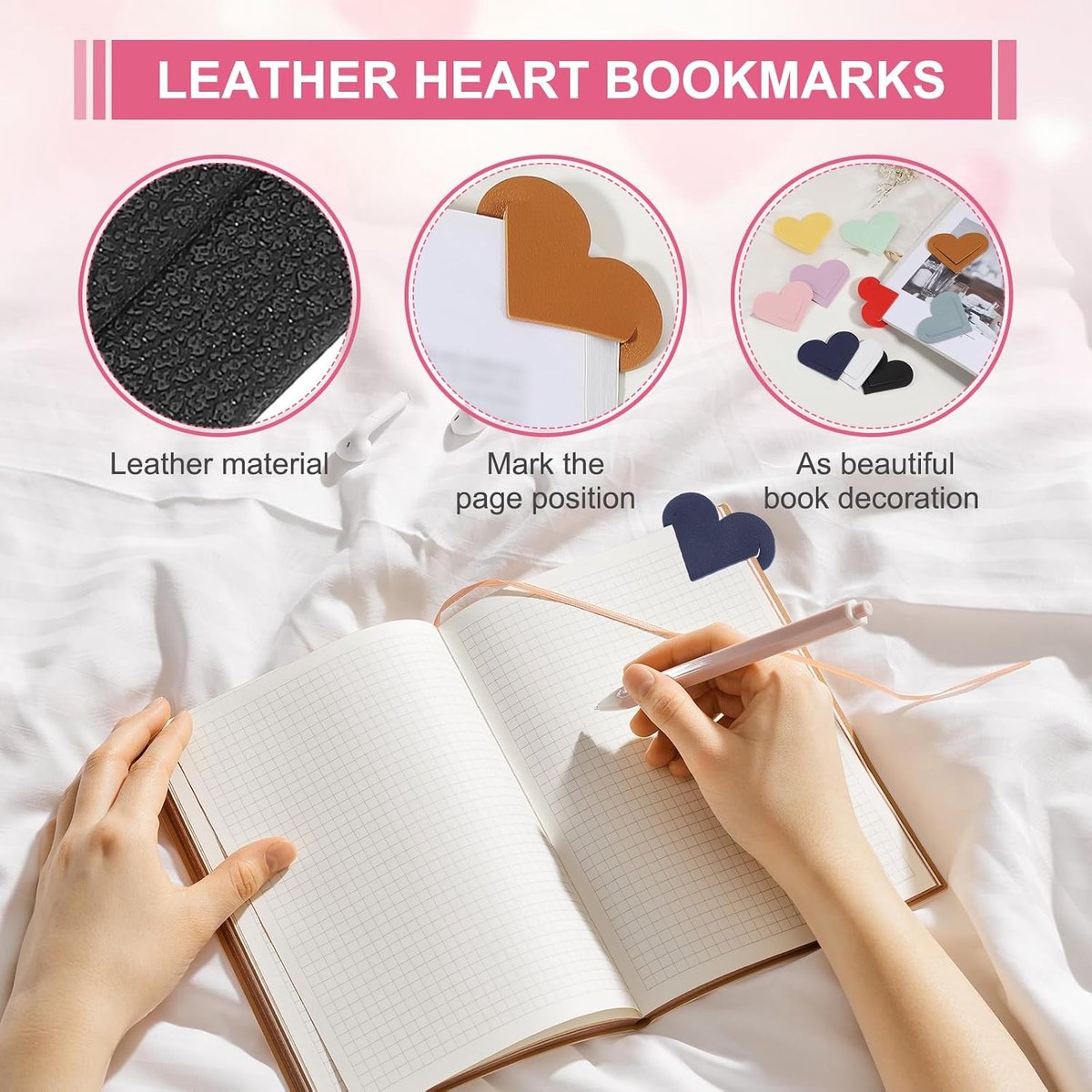 Lederen hart bladwijzers, 30 stuks leuke hoekpagina boekenleggers bladwijzer clips boek accessoires voor lezen liefhebbers vrouwen mannen leraar geschenken, zwart/wit/donkerblauw/bruin/geel