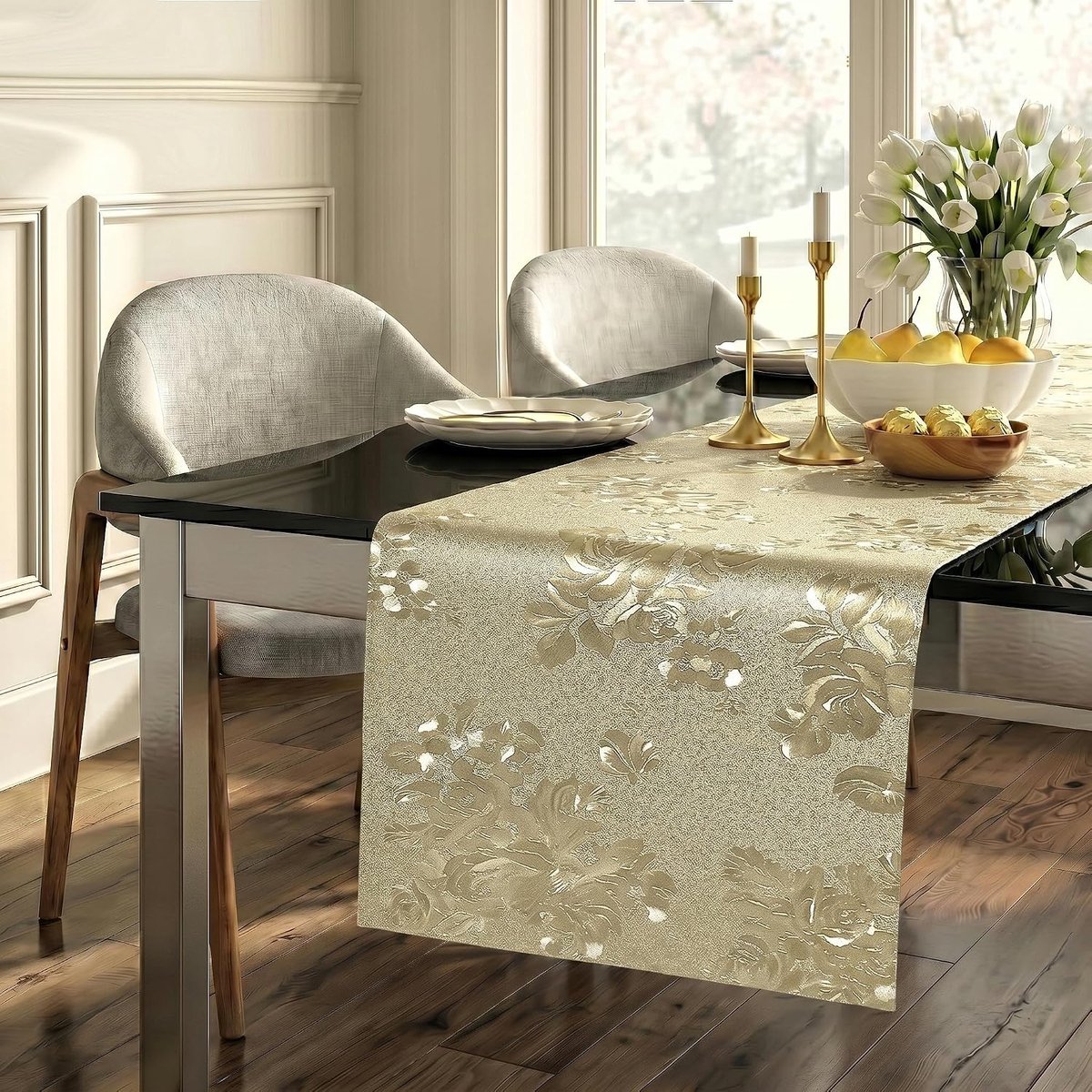 Gouden Tafelloper Voor Rechthoekige Tafels, 180 Cm Tafelloper | Met bloemmotief, waterdicht, vlekbestendig, herbruikbaar voor dagelijks gebruik, feesten en banketten