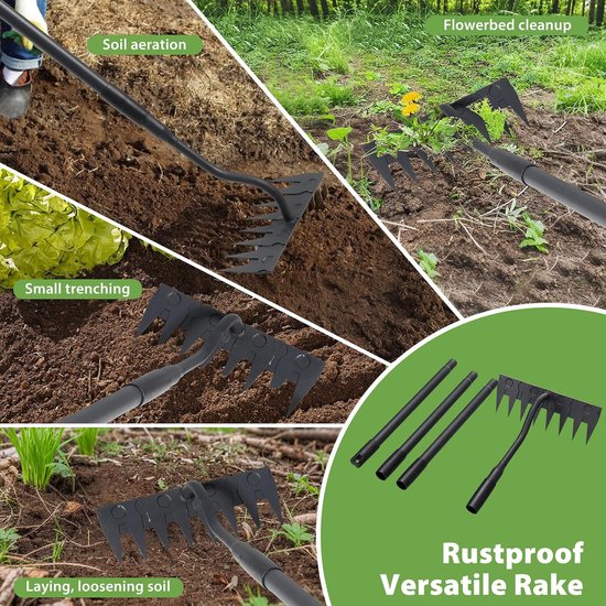 140 cm lange handgreep, 8 tanden, zware belasting, metalen koolstofstaal, tuinhark, onkruid, handhark, tuingereedschap, onkruidhak, voor het losmaken van wieden — afbeelding 5