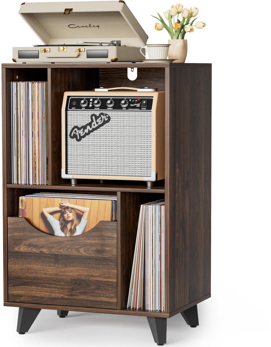 SnelShoppen - Platenspeler Meubel met Lade voor Vinyl - Houten Tafel voor Platenspeler en Luidsprekers - Grote Vinyl Opbergkast voor Woonkamer, Slaapk
