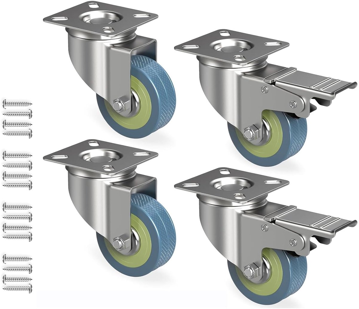 Set van 4 meubelwielen 50 mm (2 met remmen en 2 zonder) met 16 schroeven tot 50 kg per wiel, strandstoelwielen, zwenkwielen, wielen voor palletmeubels