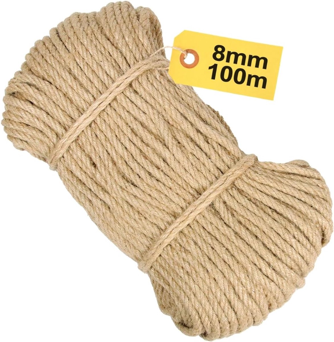 Touw, 8 mm x 100 m, robuust jute touw, dik natuurlijke vezeltouw voor knutselkoord, kattenspeelgoed en decoratie, scheurvast alternatief voor henneptouw, koord, pakketkoord, jute band