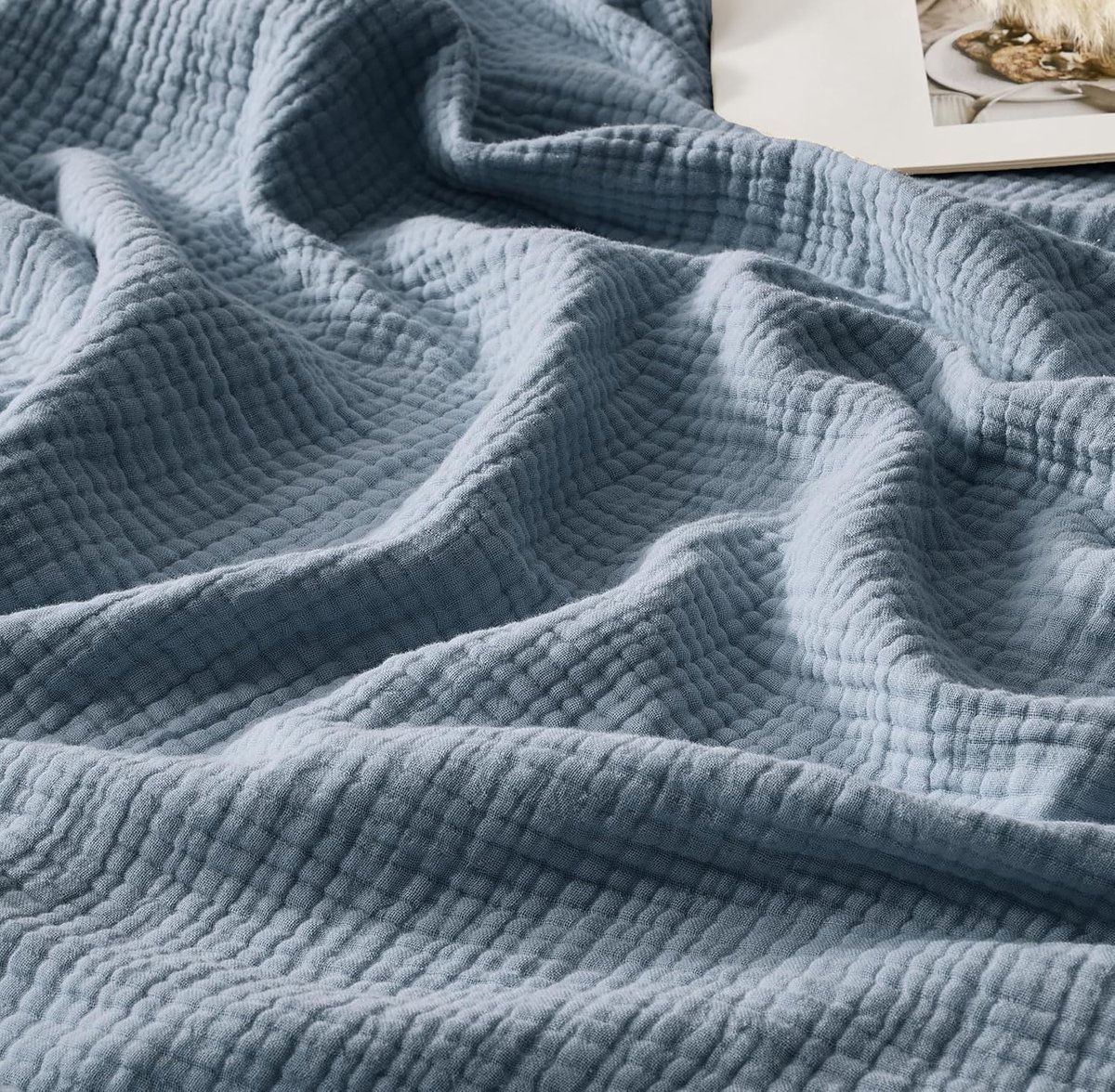 Mousseline-deken van 100% katoen, voor volwassenen, 220 x 240 cm, 4 lagen met franjes, ademend, zacht, zomersprei voor tweepersoonsbed, bankdeken, blauw
