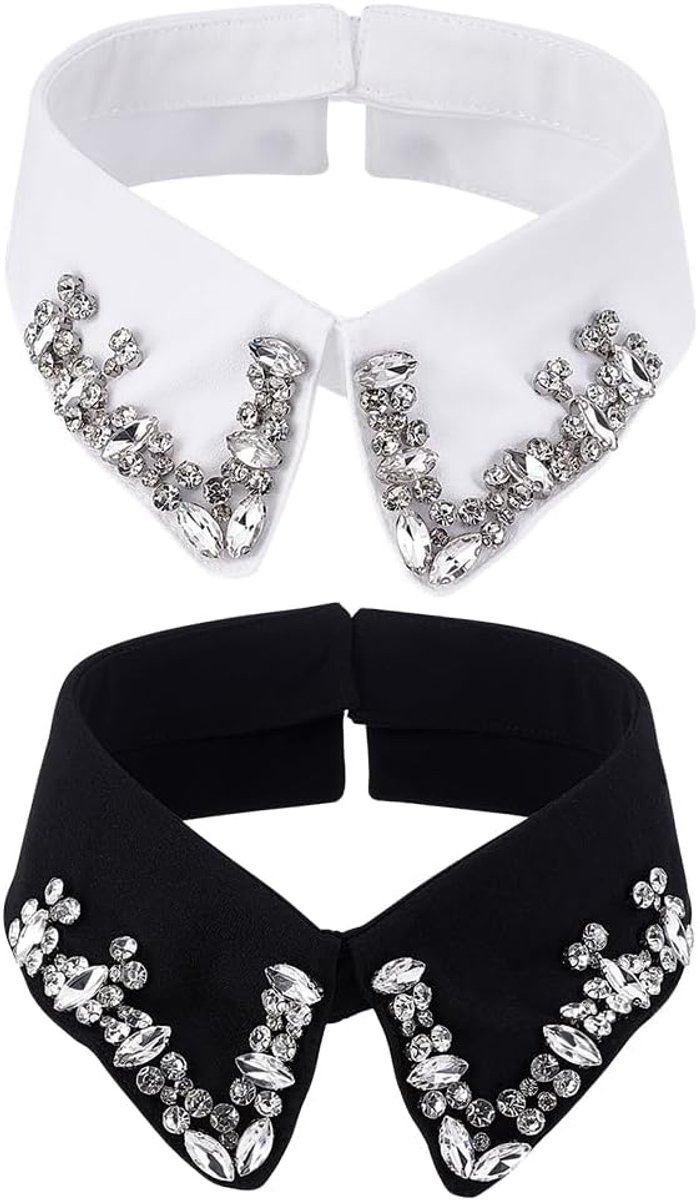2 stuks 2 stijlen afneembare halve kraag wit zwart polyester Dickey strass parels kraag versierd afneembare halfhemd choker
