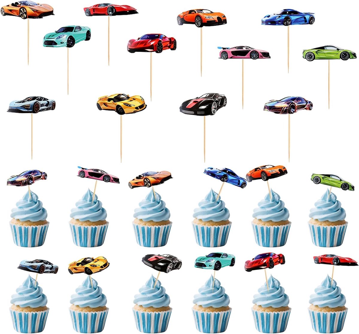 12 stuks sportwagen, cupcake-toppers, decoratie, racewagenmotieven, verjaardag, cupcake-topperset voor babyshower, kinderverjaardag en sportthemafeest