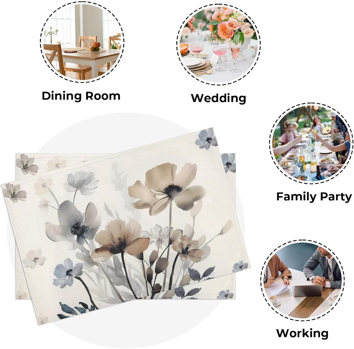 beddengoedset, 4-delig, linnen met aquarelbloemen, hittebestendig, voor tafeldecoratie, keuken, wasbaar, antislip, beige