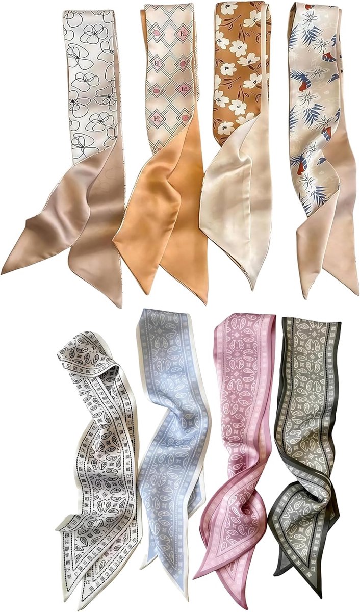 8 Decoratieve Zijde Doeken Dames, Haardoek om te Binden, Modieuze Accessoires, Silk Scarf, Tas Handvat Doek