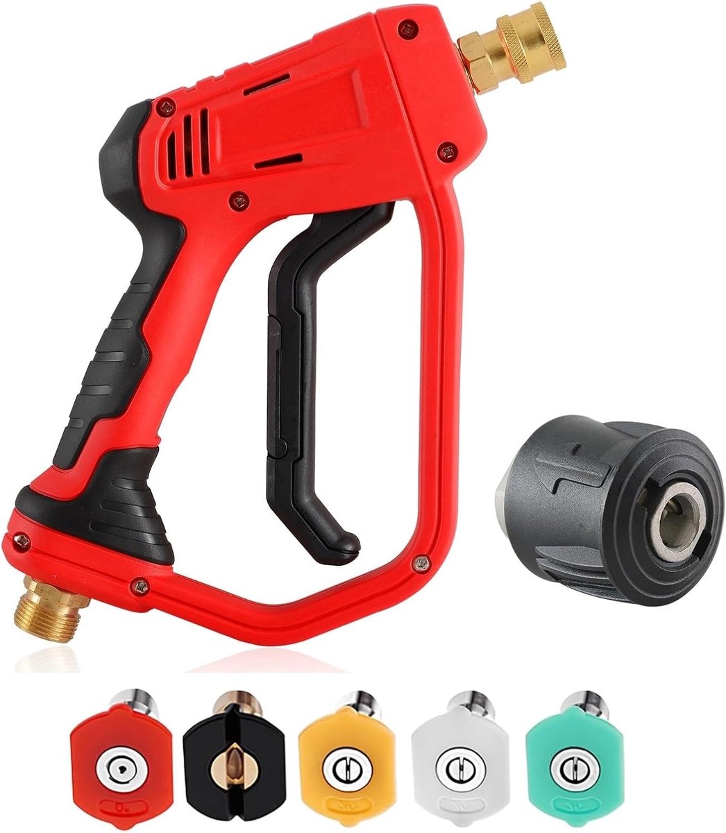 Hogedrukwaspistool, rood, M22 (14 mm) 4350 PSI | 5 verwisselbare sproeiers + adapter voor Kärcher K2 K3 K4 K K6 K7, voor het reinigen van auto/motorfiets/tuin