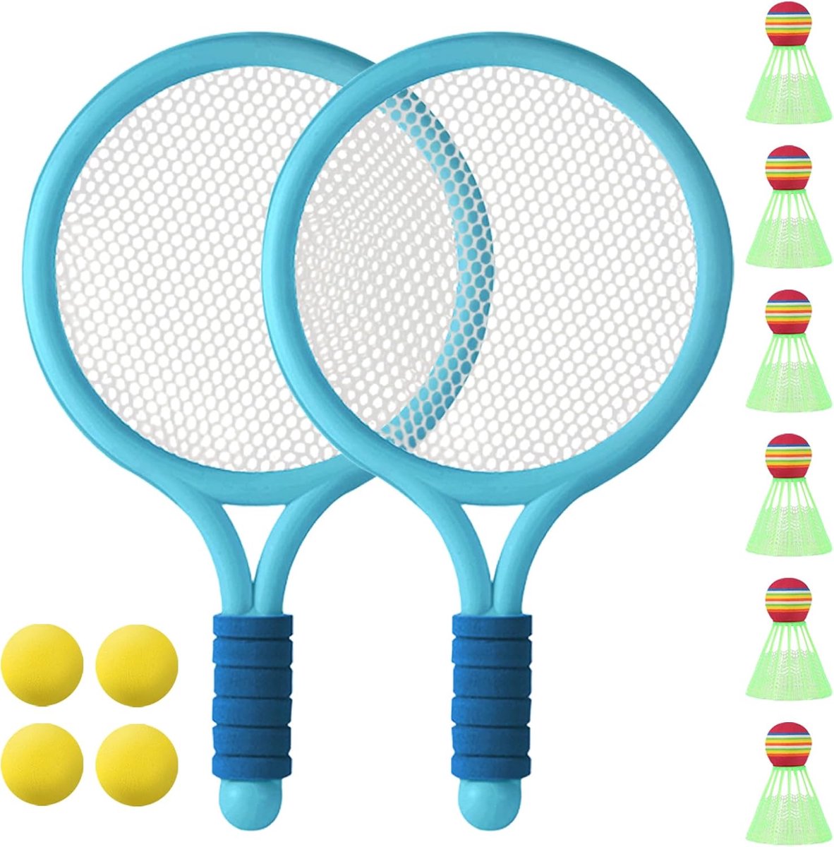 Shuttleset voor kinderen, tennisracket voor kinderen, met 4 zachte trainingsballen en 6 badminton, softbal, tennis, shuttleset met net, soft tennis, outdoor, indoorsport