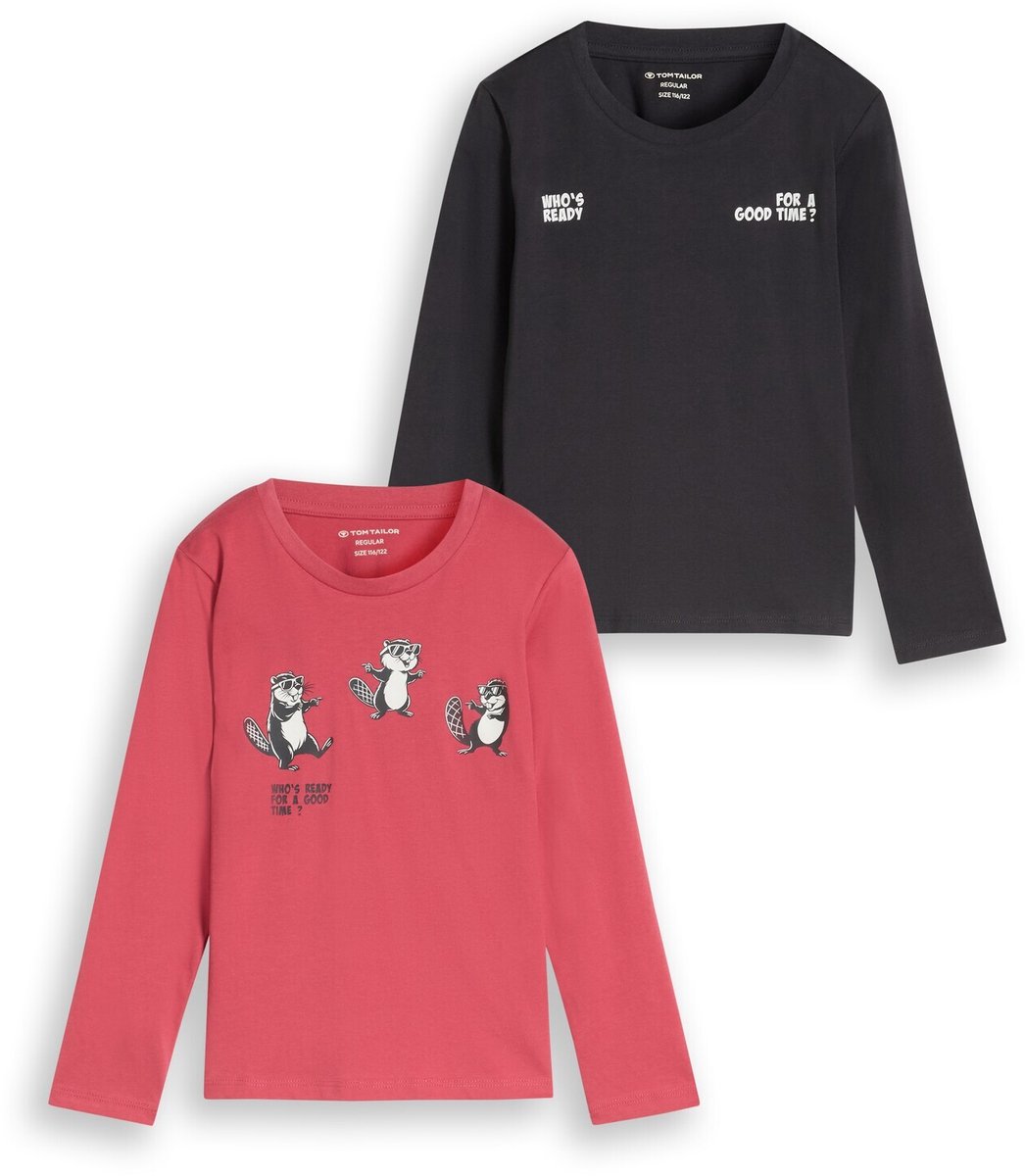 Tom Tailor - T-shirt met lange mouwen en print, set van 2 - Maat 104/110 - Berry Red