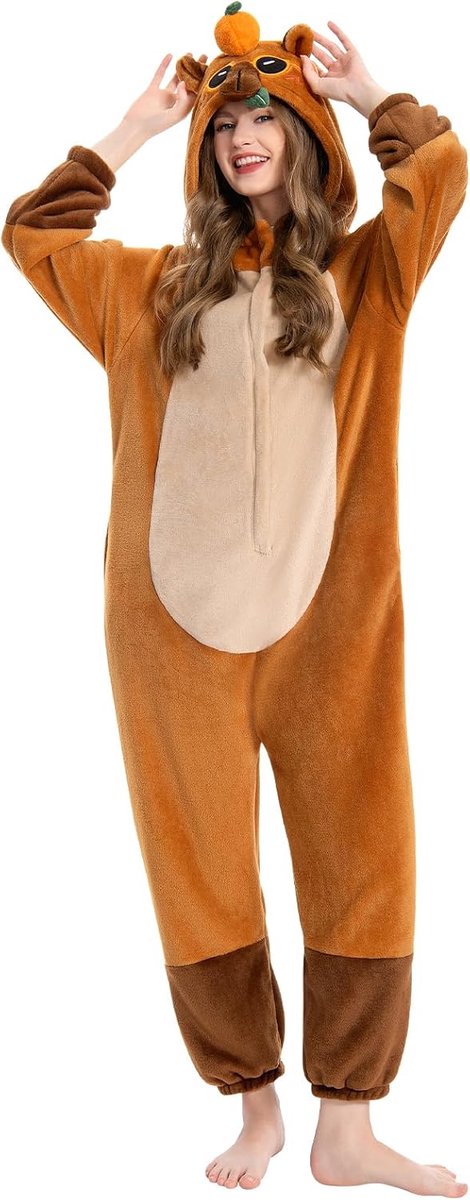 Onesies voor Volwassenen Unisex Nieuwigheid Pyjama Kostuum voor Halloween Zachte Comfortabele Thuiskleding Nachtkleding Eendelig Slipjamas Cosplay Loungewear (M, Capibara)
