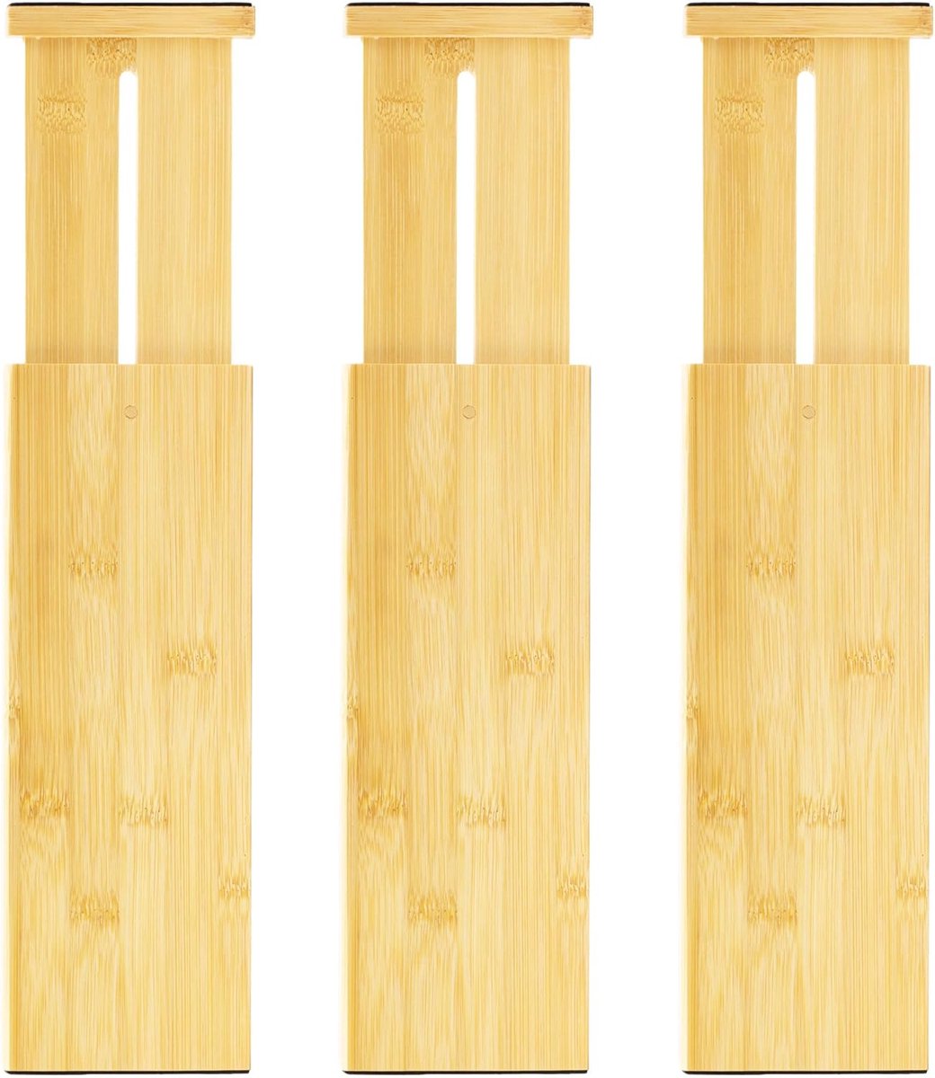 3 Pack Bamboe Lade Verdelers, Verstelbare Kleding Lade Organisatoren | Uitbreidbare dressoirscheiders in slaapkamer, badkamer, keuken, lade, kantoor, 10 cm hoog, uitbreidbaar 12-17 inch