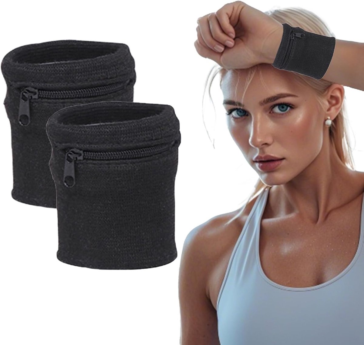 paar polstas voor mannen en vrouwen, zwart, fitness zweetbanden, armband portefeuille met ritssluiting, polstassen voor buitensport, hardlopen, fietsen