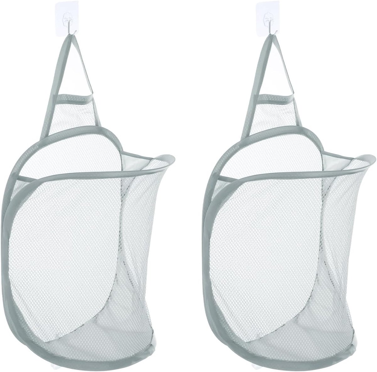 2 stuks hangende waszak, opvouwbare mesh-wasmand met haken voor het opbergen van vuile kleding thuis, campinguitstapjes, hotelgebruik, grijs