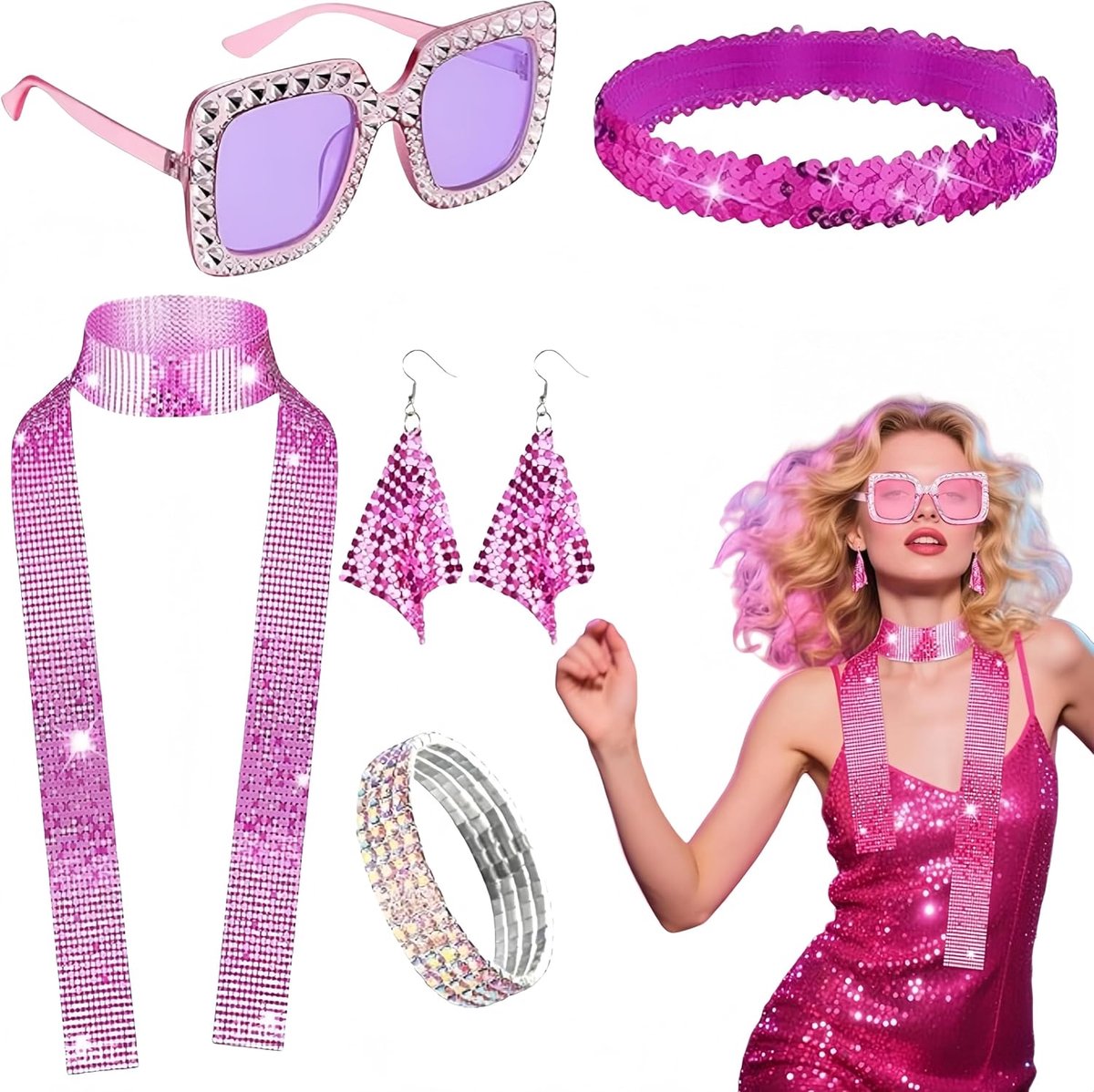 6 stuks roze 70s 80s disco accessoires set pailletten sjaal, zonnebril, hoofdband, armband, oorbellen, fancy dress kit voor verjaardag retro disco thema feest.