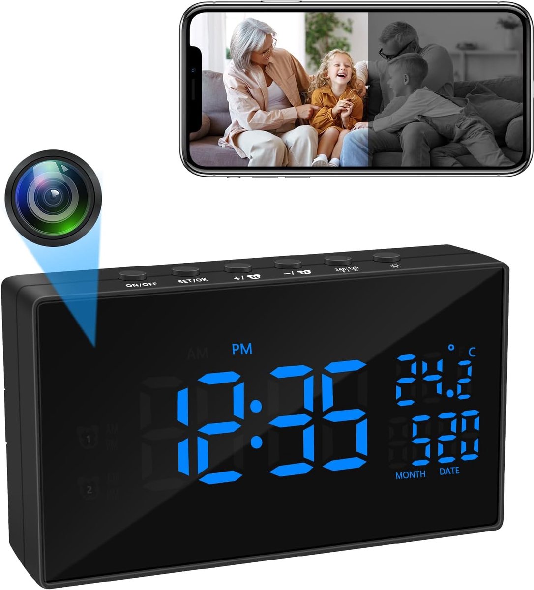 Verborgen camera, wifi, HD 1080p, mini-camera 2.4/5G, draadloze camera, wekker en scherm, multifunctionele ondersteuning, nachtzicht, bewegingsdetectie