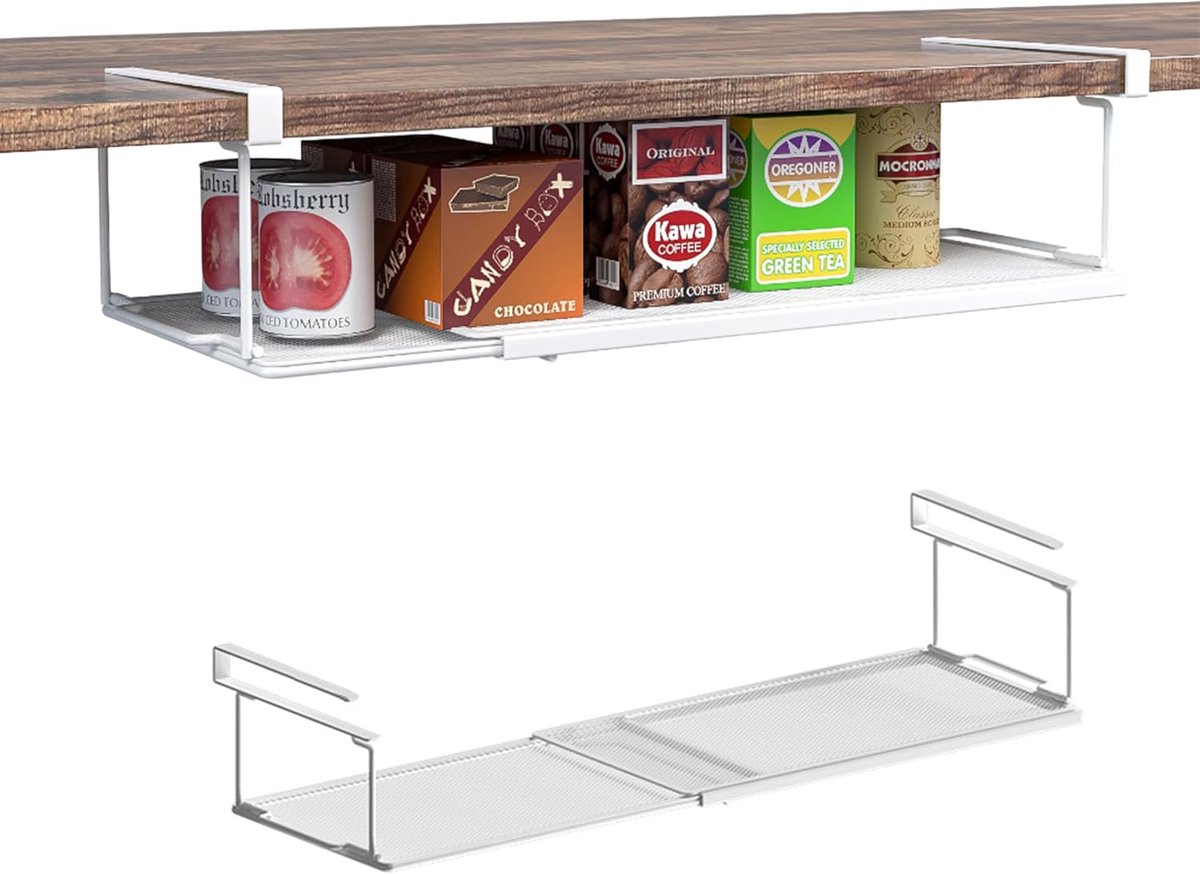 organizer voor onder kast, 2 stuks onder plankmand, metalen hangende opbergmand, onder bureaurek voor keuken, kast, schoenenbank, plaatopslag (wit)
