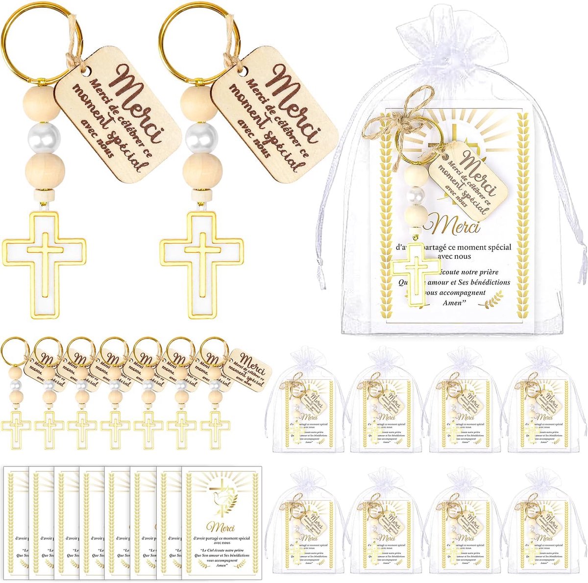 iZoeL Sleutelhanger met parels – 8 cadeausets voor doop, communie, decoraties, doop/communie, cadeau voor babyshower, bruiloft, verjaardag, gasten, Wit Goud