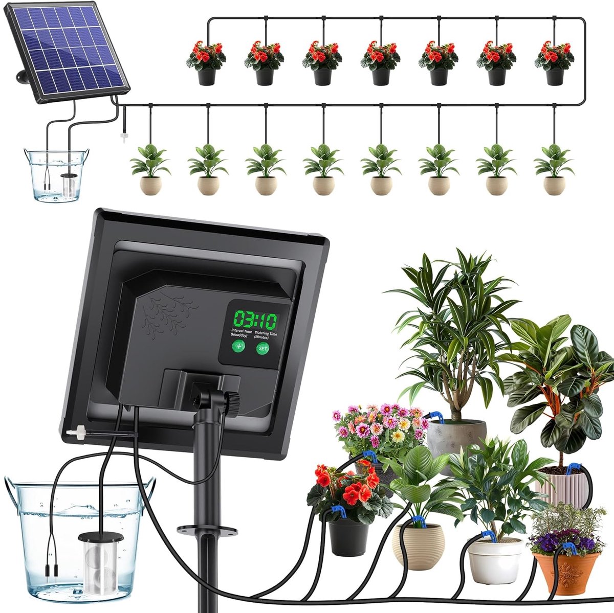 Irrigatiesysteem op zonne-energie, 15 m, automatische druppelirrigatie met timer, 2,5 W zonnepaneel, voor 12-20 potten, tuin, balkon, broeikas, vakantiebewatering