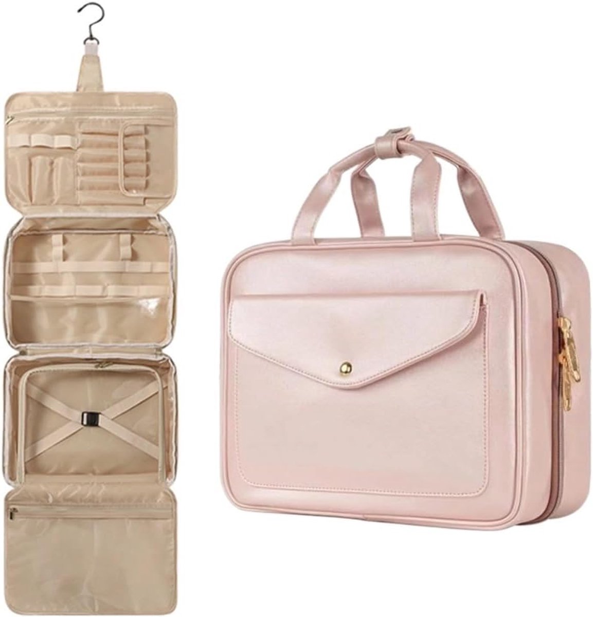 Toilettas om op te hangen, grote make-uptas, reisorganizer, toilettas voor accessoires en verzorgingsproducten, roze, 33 x 22,9 x 13 cm, Roze, 32 x 12,5 x 22,5 cm, Modieus