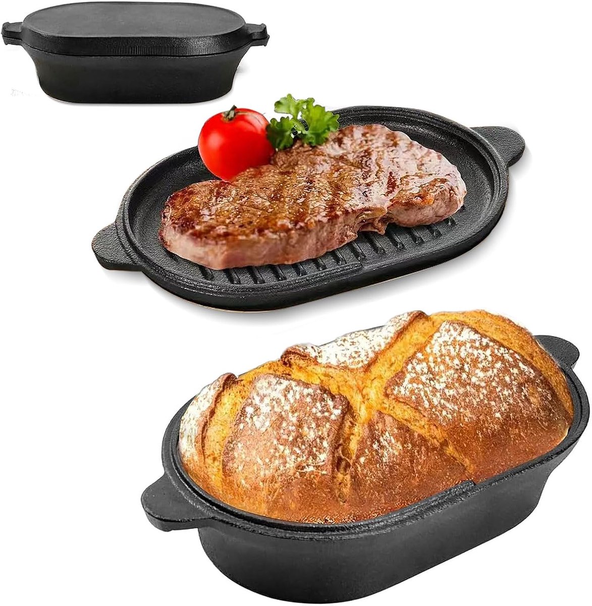 Gietijzeren pan, Dutch Oven, ovaal, 28 cm grote gietijzeren pan voor het bakken van brood, broodpan en gietijzeren oven met deksel voor stomen, grillen, soepen, toasten, wasbare oven