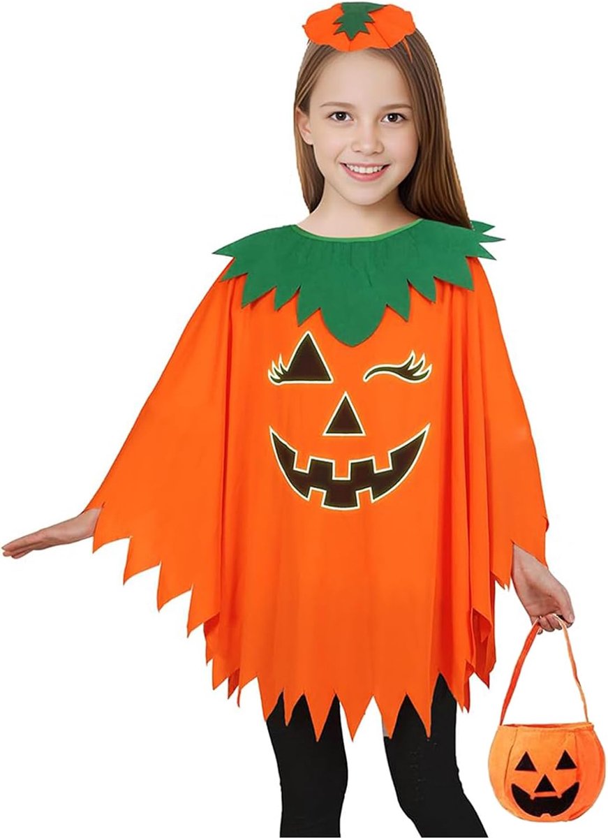 3-delige Set Pompoen Kostuum Dames, Oranje Pompoen Cape Met Hoed En Pompoen Tas, Halloween Pompoen Kostuum Voor Kinderen Met Accessoires, Feest Decoratie