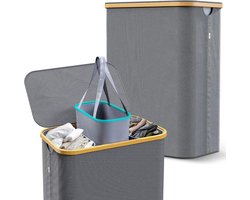 Wasmand 3 vakken – 160 l wassorteerder & wasverzamelaar met deksel – bamboeframe en stabiele metalen ringen – opvouwbaar, smal & met 3 uitneembare, wasbare zakken – grijs