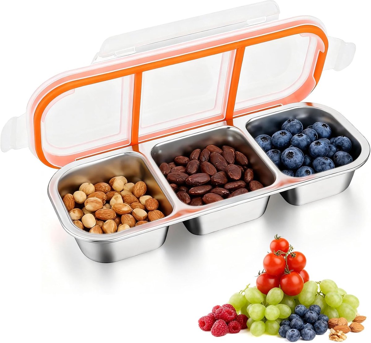 Snackbox met compartimenten en luchtdichte deksels, roestvrijstalen broodtrommels, herbruikbare bentobox met 3 vakken, verdeelde maaltijdbereidingscontainers, lekvrije voedselopslagpotten voor school