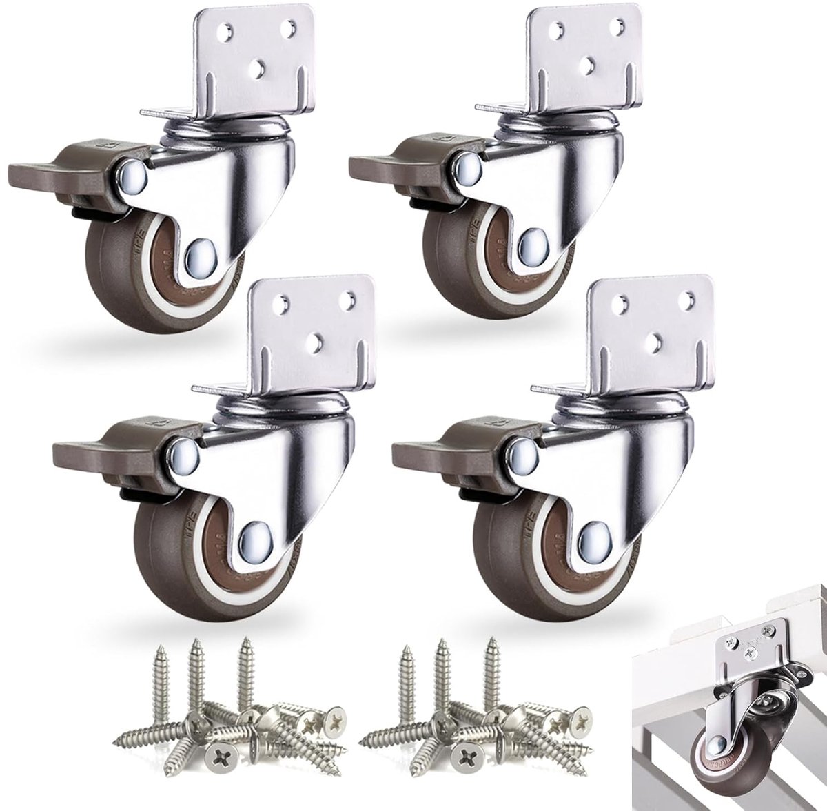 4 meubelwielen 50 mm met rem, zware wielen voor steekwagen, TPE 140 kg, wielen voor meubels + 20 schroeven, meubelpoten met plaat voor montage L, voor bloemen/kinderkantoor/kantoren