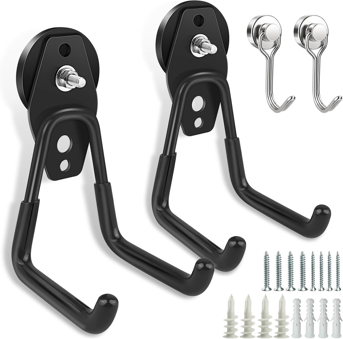 Magnetische haken, magnetische garagehaken, magneethaken, dubbele haken, magneetvoet en schroefmontage voor tuin, garage, gereedschapsruimte, met 2 kleine haken