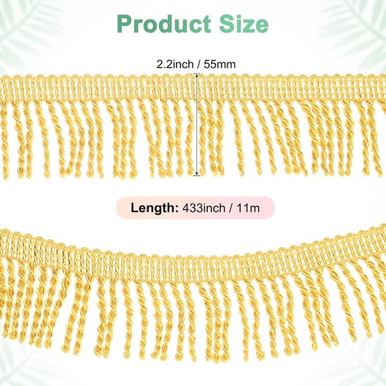 METERXITY 10 meter gordijn franjes franjes trim, 5,6 cm breed polyester franje boho kant naaien franje trimmen kwastje franje trim voor tassen/doe-het-zelf decoratie/rok/bank/kleding [goud] — afbeelding 2