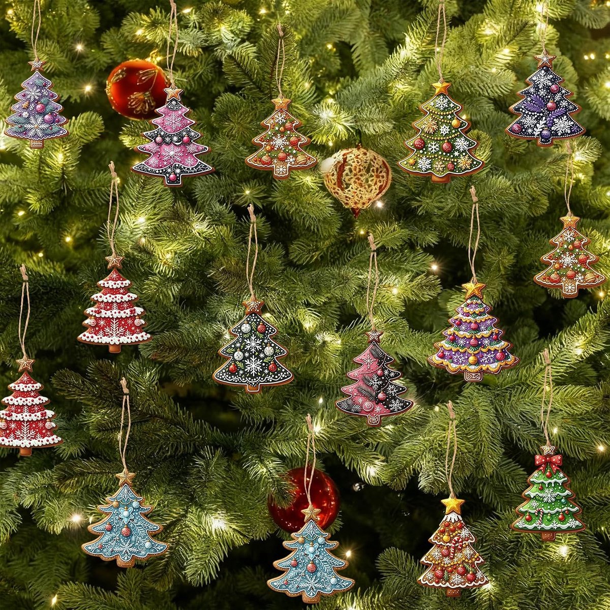 Kerstboomversiering, mini-ornamenten om op te hangen, gekleurd, van hout, voor decoratie van de kerstboom en het huis, 36 stuks