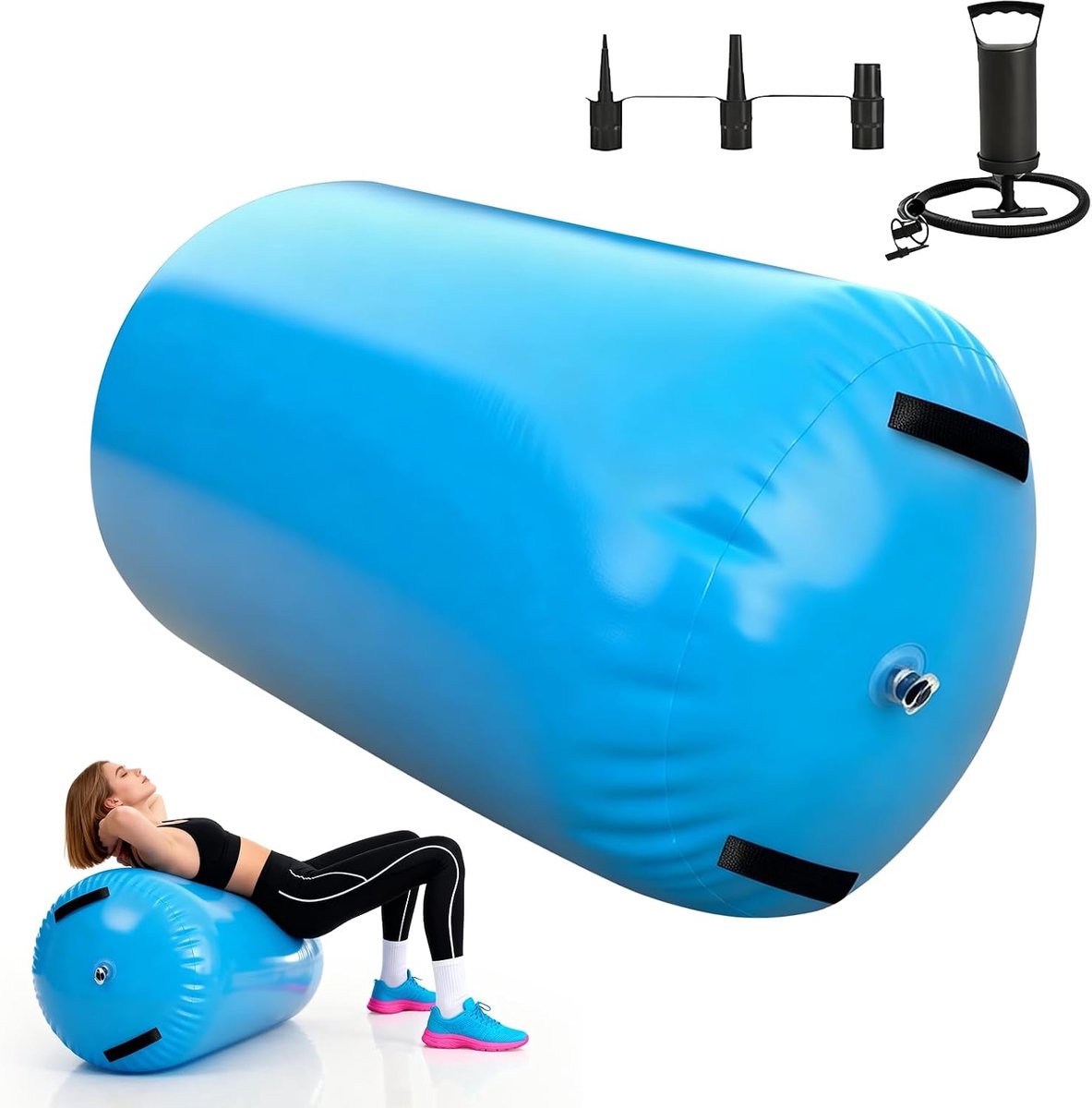 Opblaasbare Air Roll, 100 cm, pvc, gymnastiekmat, gymnastiekmat, gymnastiek, tumbling, mat met pomp voor handveer, achter, training, thuisgebruik, fitnessrol, outdoor