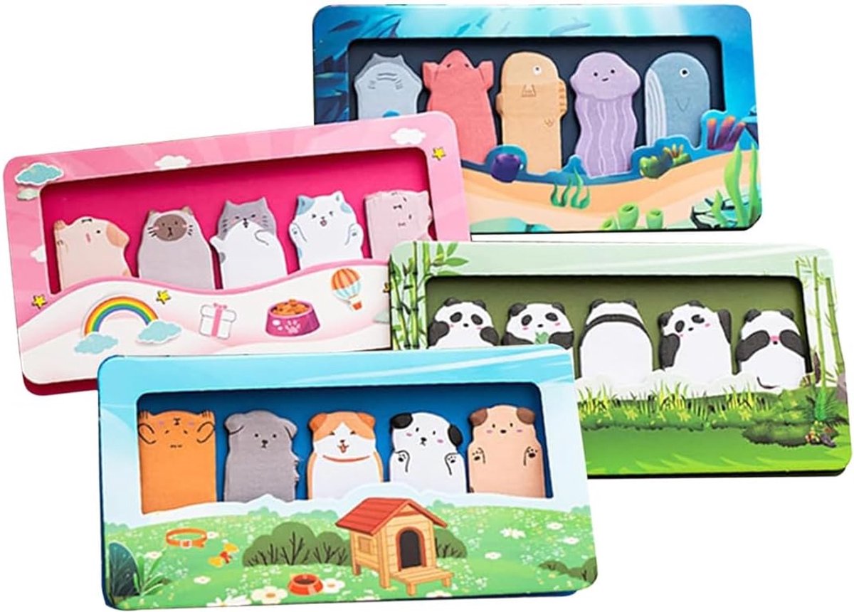 Set van 4 leuke cartoondieren zelfklevende notities, 600 vellen sticky notes catalogus index tabs zelfklevende tabs, Kawaii schoolbenodigdheden, kantoorartikelen
