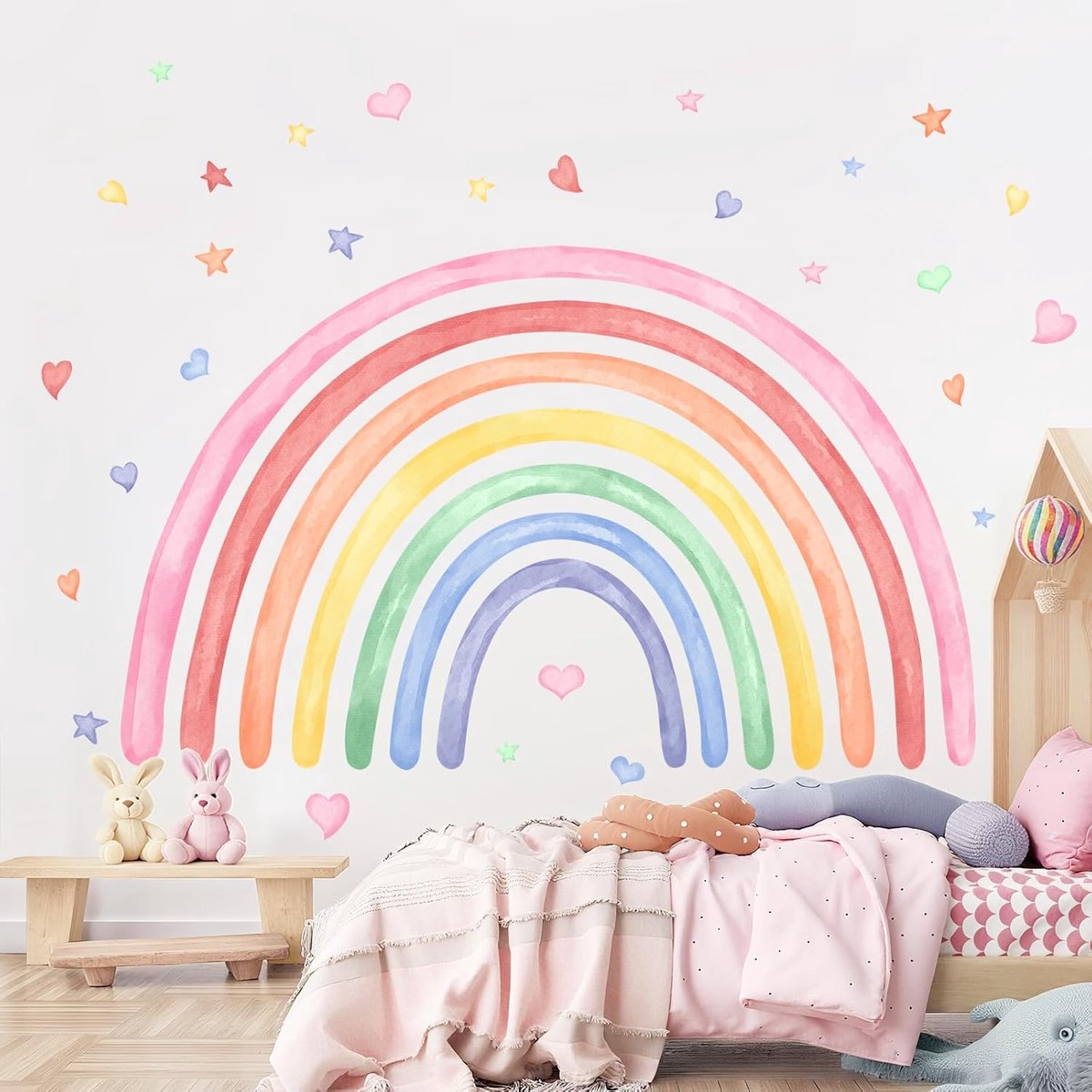 Muurstickers voor Meisjes Kinderkamer Waterverf Regenboog Harten Sterren Muur Stickers Kunst Afschuifbare en Plakbare Vinyl Muurkunst voor Kinderen Kleuters Slaapkamer