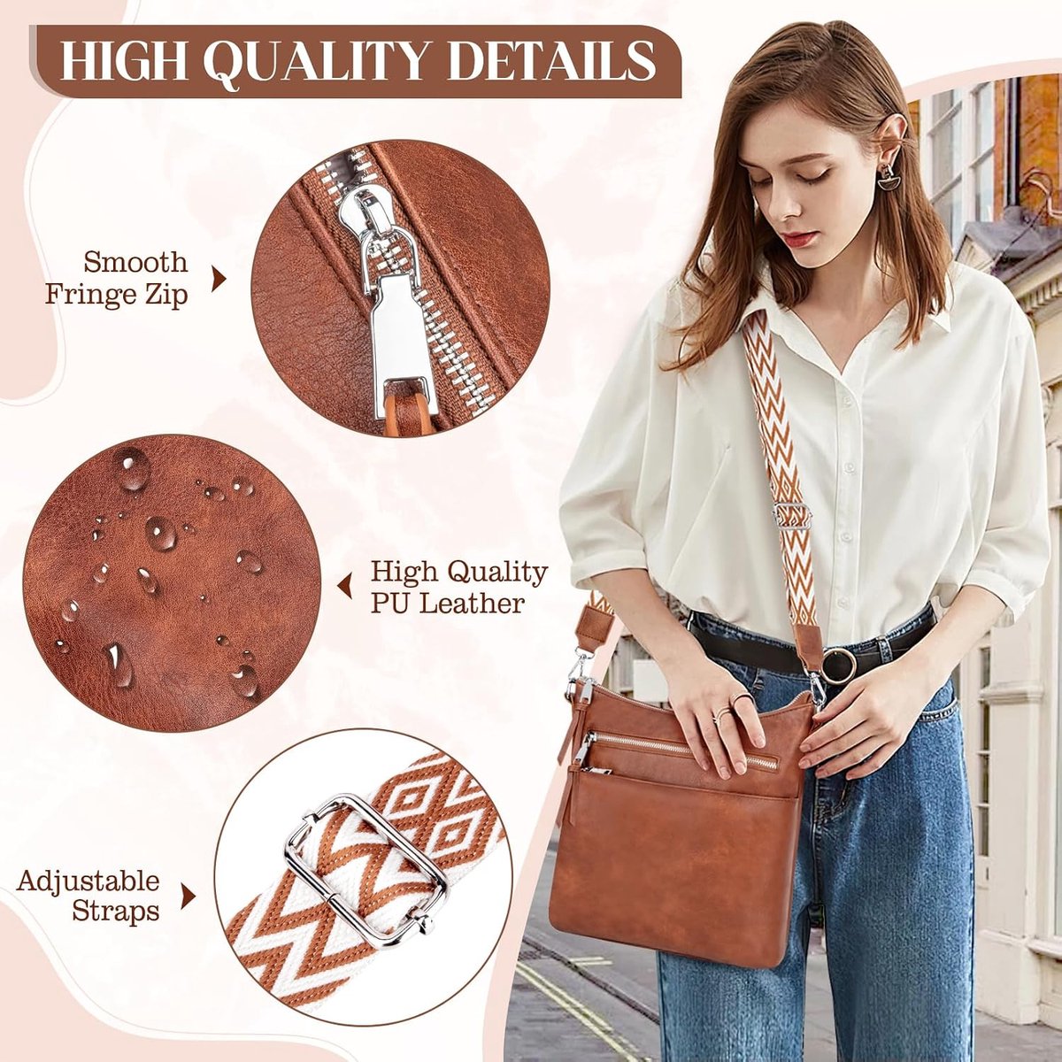 Trendy schoudertas voor dames, middelgroot, met 4 vakken, PU-leer, kleine schoudertas voor dames, met brede verstelbare riem, kleine handtas voor dames