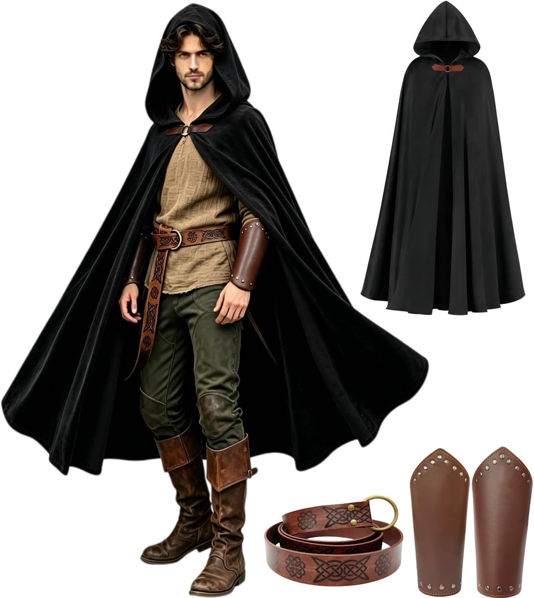 Vikingcape met capuchon, renaissance, mantel met capuchon, kostuum, riem, riemtas, hoofdtooi, set heksenoutfit, cape voor Halloween, carnaval, festival, renfair, themafeest, 130 cm