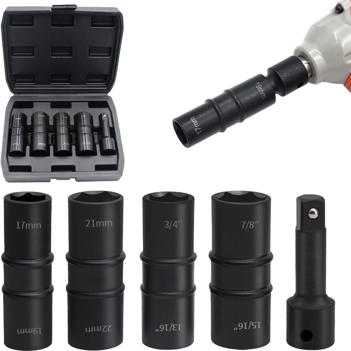 5 stuks dubbelkops slagmoerdoppen 1/2 inch set, chroom-olybdeen-staal, 17/19/21/22 mm, 3/4", 13/16", 7/8", 15/16", met opbergdoos, geschikt voor luchtkanalen, elektrische schroevendraaiers (zwart)