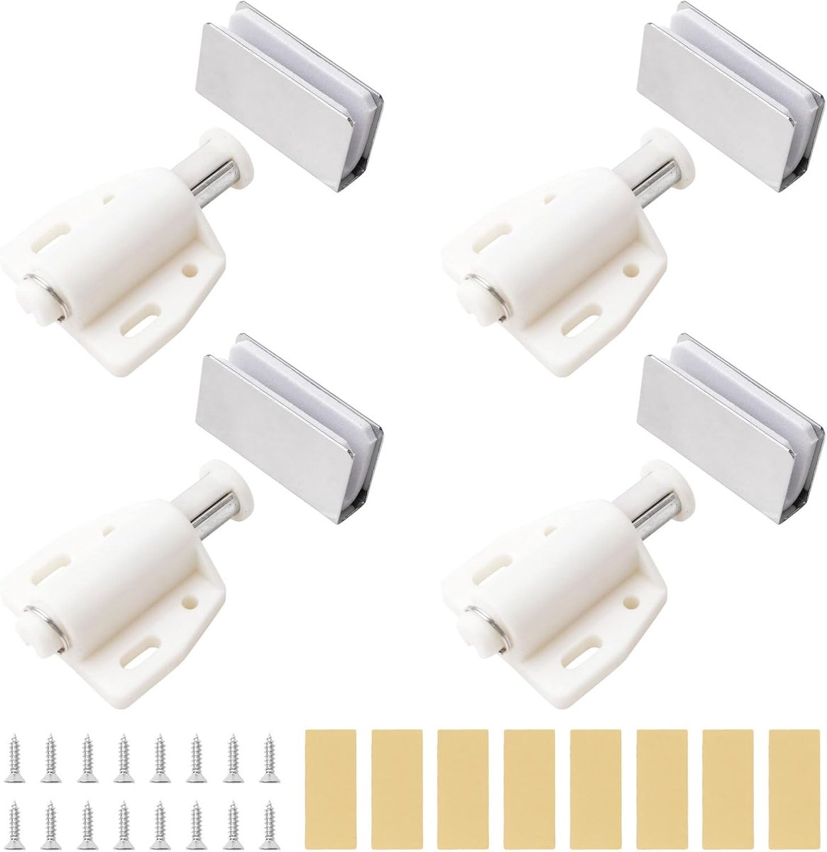 montage magnetische glazen deur vanggrendelsluitingen, 4 set push open enkele glazen deurvangst met kastklem, geschikt voor 3-6 mm glas (zilver en wit)