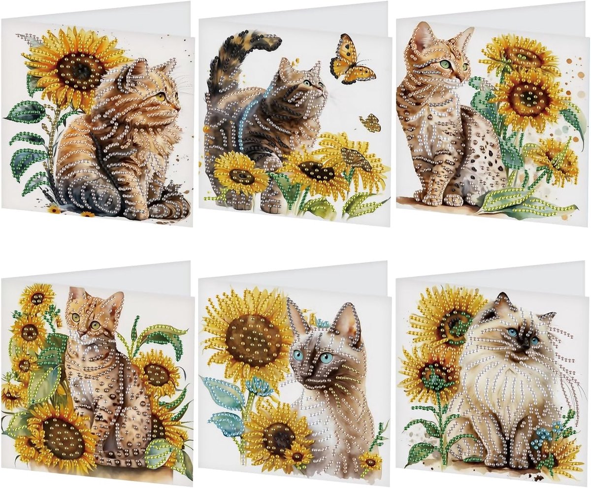 6 stuks Diamond Painting wenskaarten, dier, 30 x 15 cm, diamantschilderij, bedankkaarten met enveloppen, wenskaart, verjaardagskaarten, set, feestdagkaarten, afscheidskaarten, cadeau, kat