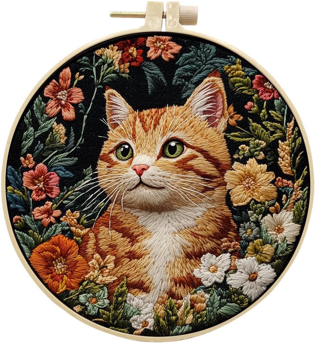 Borduurset voor volwassenen, beginners, dieren, katten en bloemen, doe-het-zelf voorbedrukte stoffen set met accessoires voor huisdecoratie (kat)