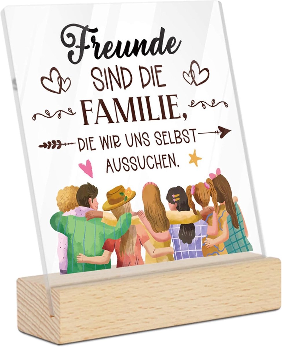 Decor Acrylbord met houten sokkel – "Vrienden zijn de familie die we onszelf uitzoeken" – decoratie voor vriendschap en samenhang