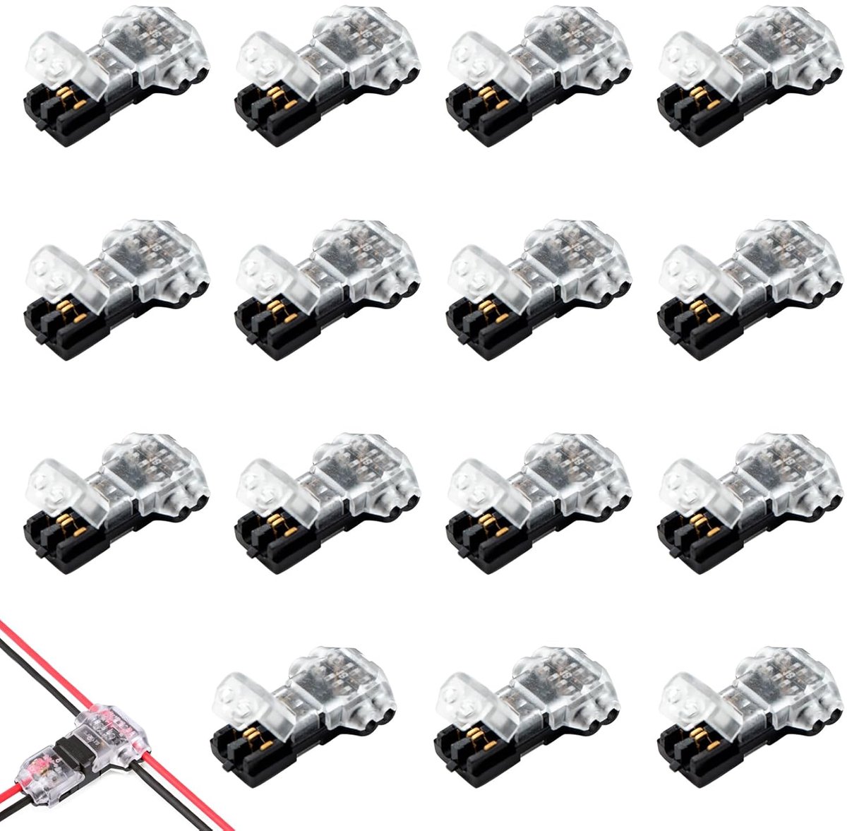 15 x 2-polige T-stekker voor elektrische draad 20/22AWG, naadloze elektrische connector, eenvoudige soldeerstekker voor ledverlichting, audio-apparatuur, elektrische apparaten