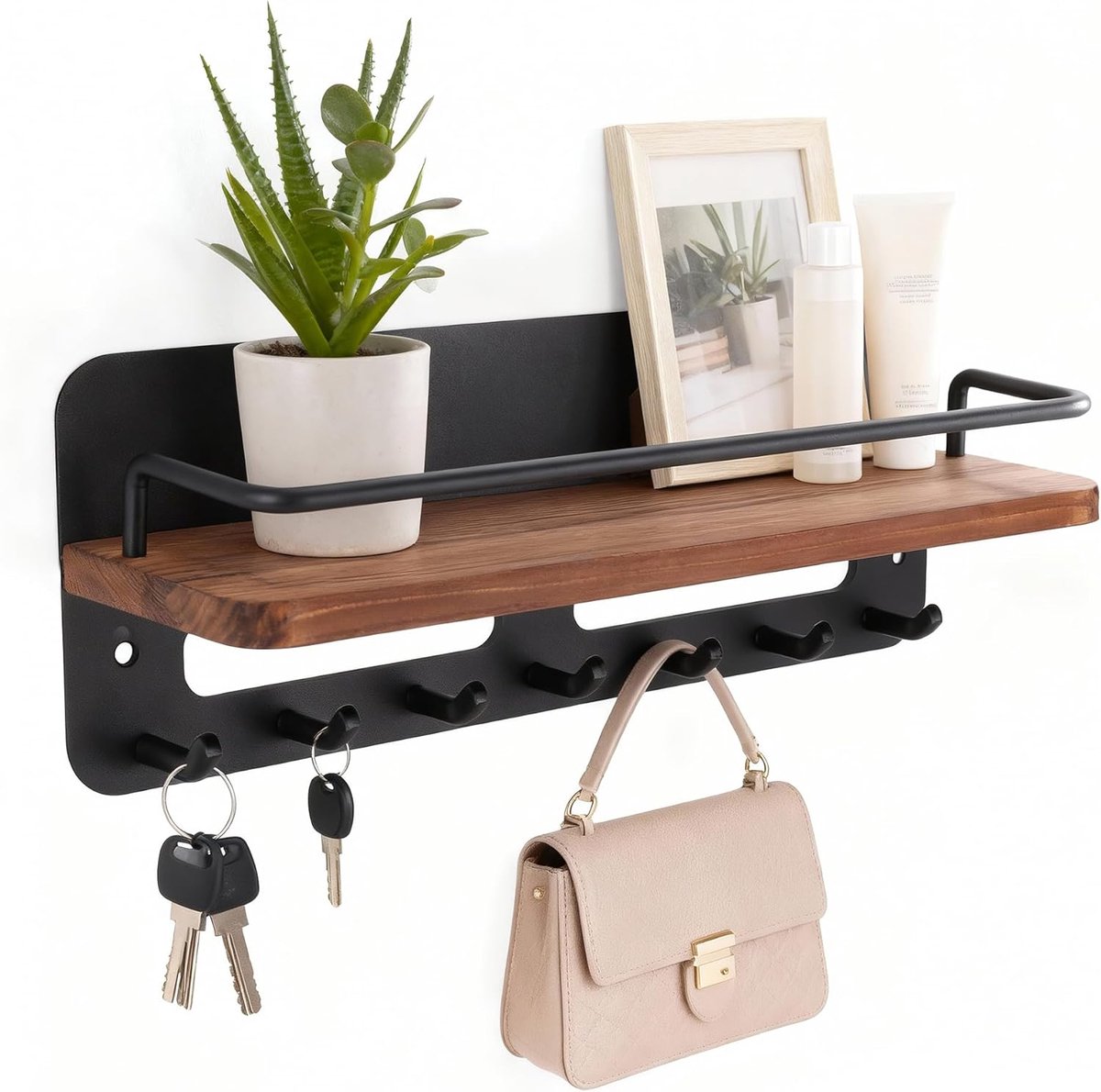Sleutelhanger van hout met plank, decoratieve sleutelhanger | Sleutelhouder wandrek met 7 haken voor entree, hal, slaapkamer, woonkamer, kantoor
